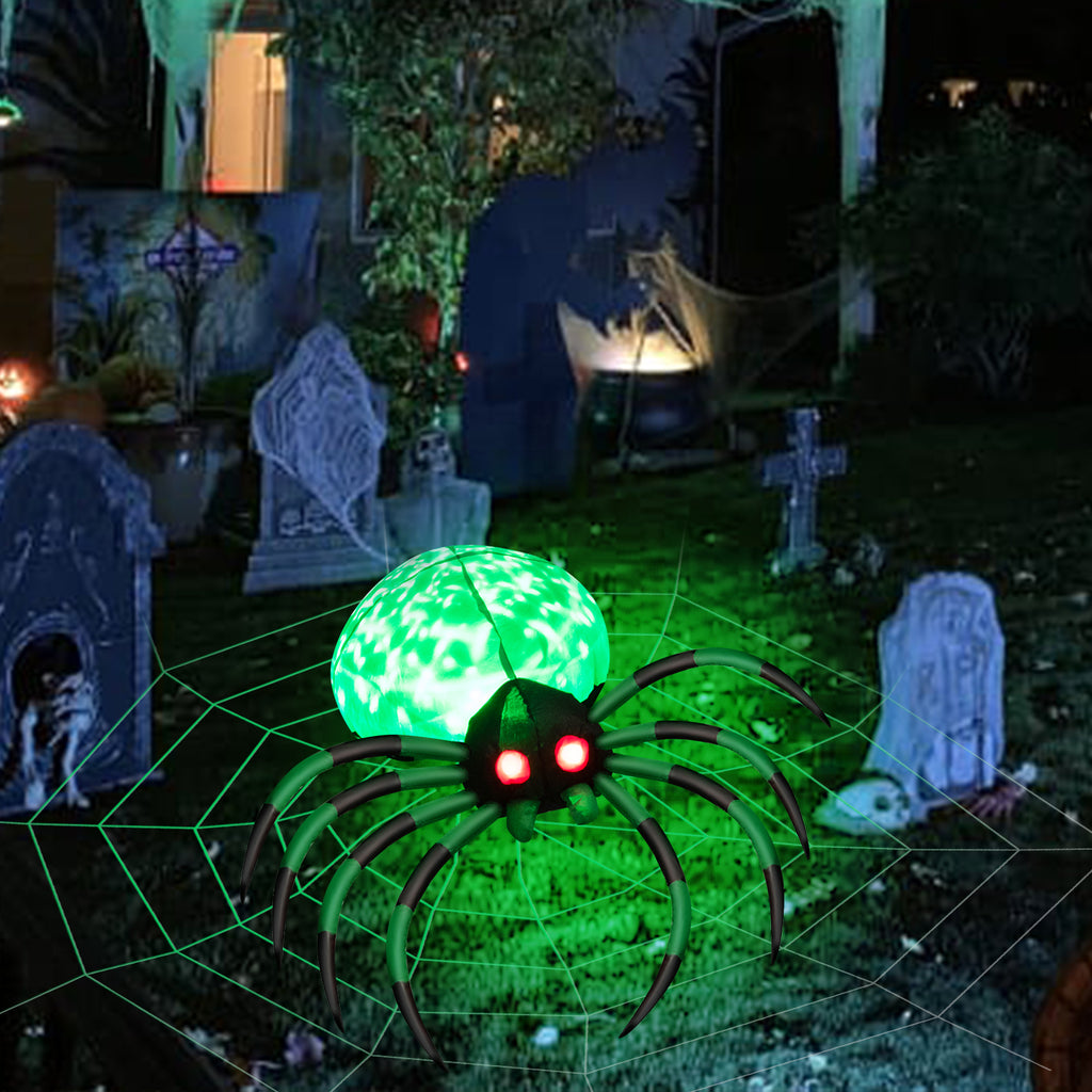 Patiojoy Halloween Inflatable Spider with Cobweb Creepy Blow-up Spider with LED Rotating LED Light Green Black Legs Waterproof Halloween Decoration