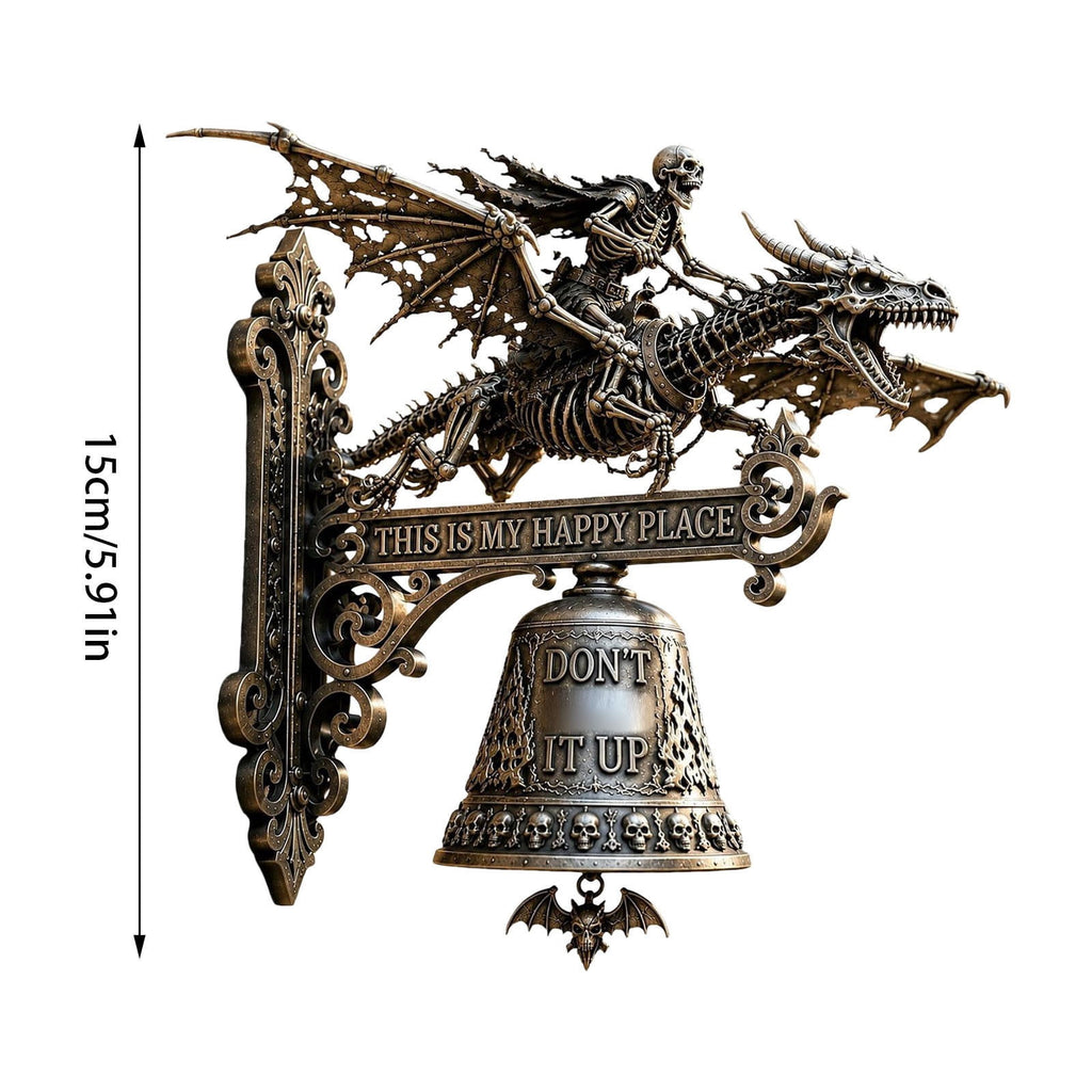 Metal Skeleton Dragon Rider Wall Bell, Gothic Skull Bat Embossed Doorbell Plaque with Quote Sign, Spooky Vintage Wall Hanging Decor for Front Door Halloween Home Ornament 6 Inch
