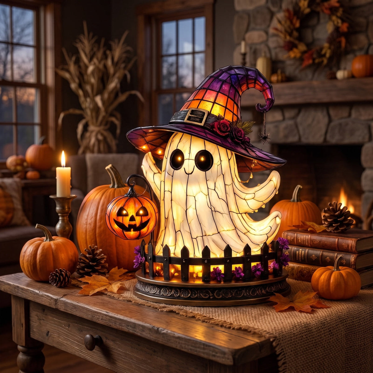Halloween Lighted Witch Cauldron Decor Lamp, Stained Glass Witch Hat Magic Pot Night Light with Pumpkin & Potion Bottle Details, Spooky Vintage Tabletop Ornament for Mantel Living Room Party