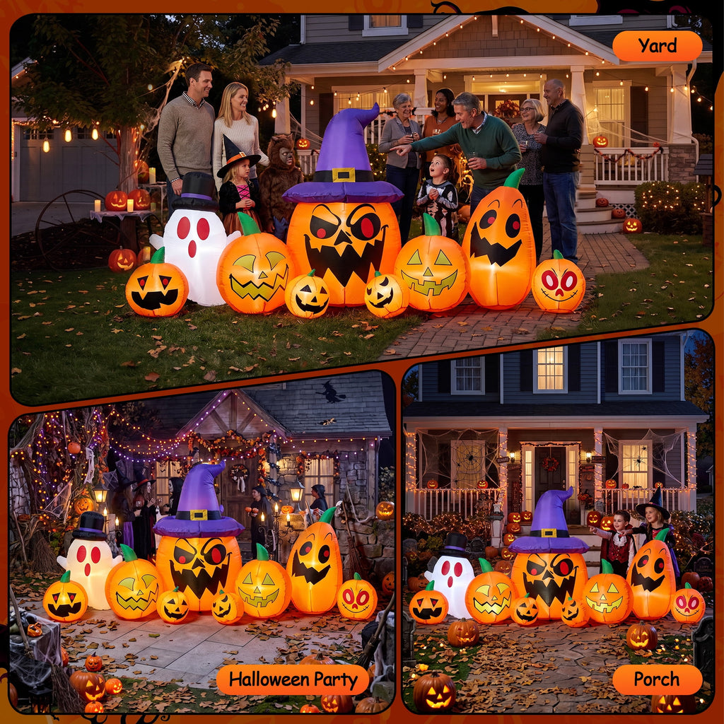 GVDV 8FT Halloween Inflatables Pumpkin Decorations with Witch Hat & Build-in LEDs, Halloween Blow Ups Indoor/Outdoor Decor for Party, Yard, Lawn