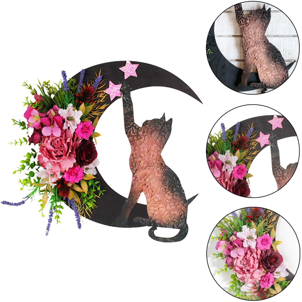 STYZIGZZ 14" Halloween Wreath for Front Door,Moon Cat Halloween Wreaths with Rose,Hanging Floor Door Decoration for Home Party Indoor Outdoor