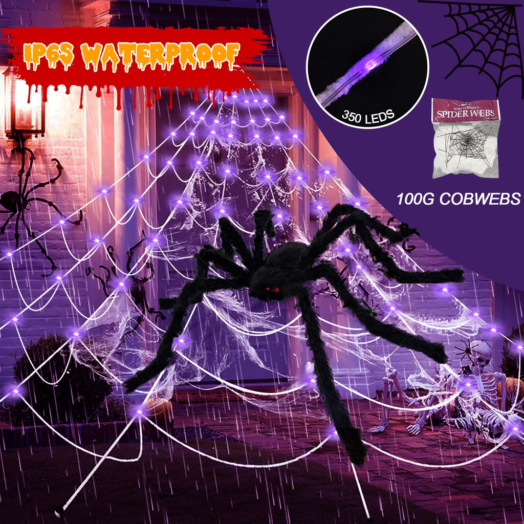 Scidweet Halloween Decorations Outdoor, 350 LED Halloween Spider Web Lights with 79" Large Spider for Garden Yard Home Decor, Multicolor