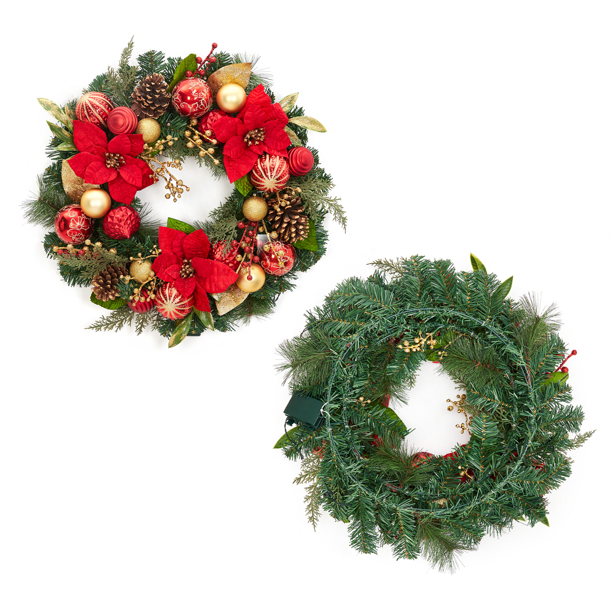 JoanKaren 24 inch Large Christmas Wreath Silver White with 20 LED Lights,Prelit Xmas Wreath w/ Ball Ornaments Pine Cone