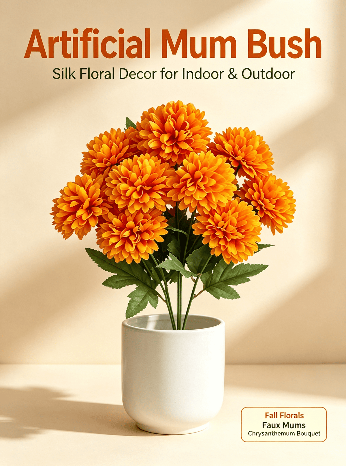 1Pack Faux Fall Mums for Outside Artificial Mums Outdoor Clearance Chrysanthemum Bush Silk - Orange Fall Decorations for Home Fall Wedding Flowers