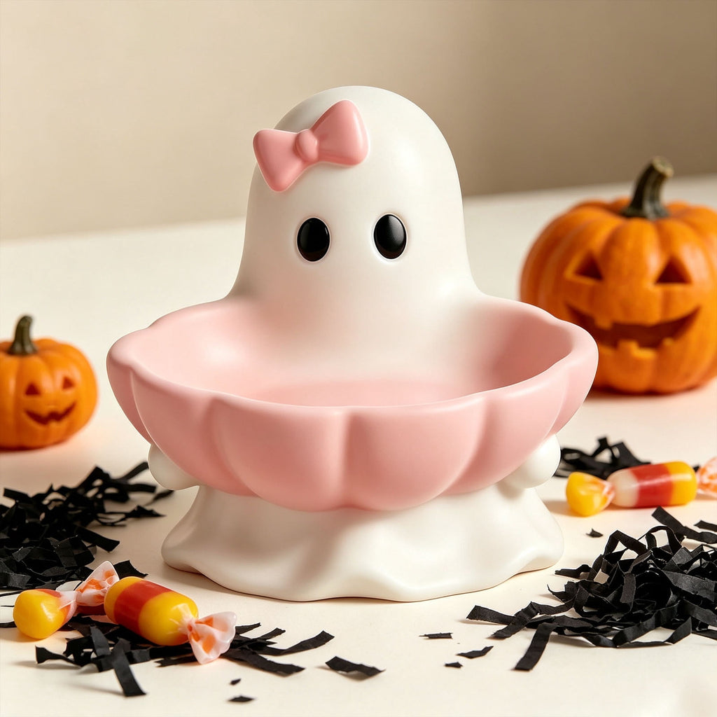 Halloween Decoration Ghost Figurine 11in Resin Ghost Statues with Pumpkin Candy Bowl for Outdoor Indoor Front Door, Porch Yard Lawn Party Decor