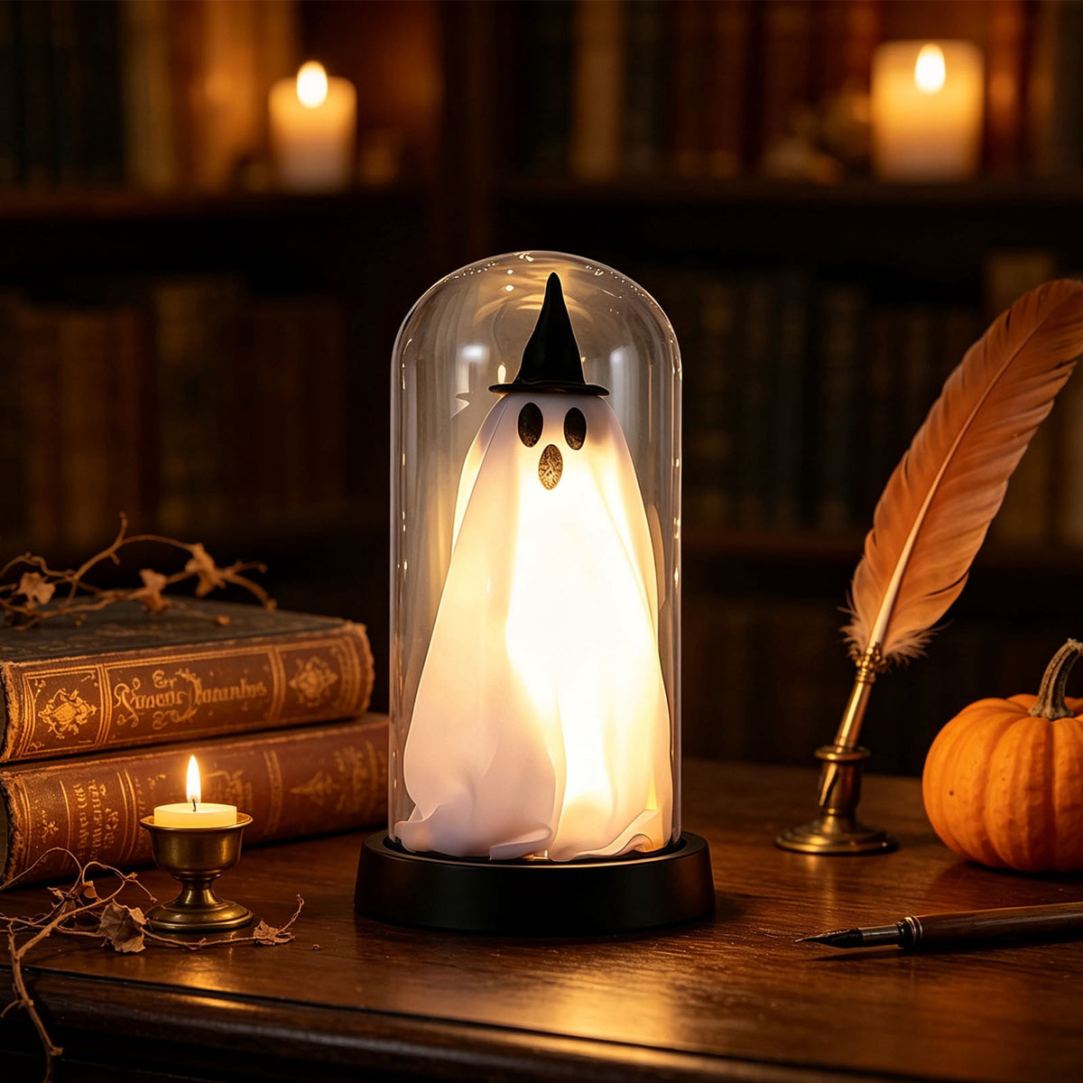 Orangide Halloween Ghost Cloche Night Light Fabric Ghost Lamp with Glass Dome for Mantel Shelf Spooky Party and Home Decor Ornament