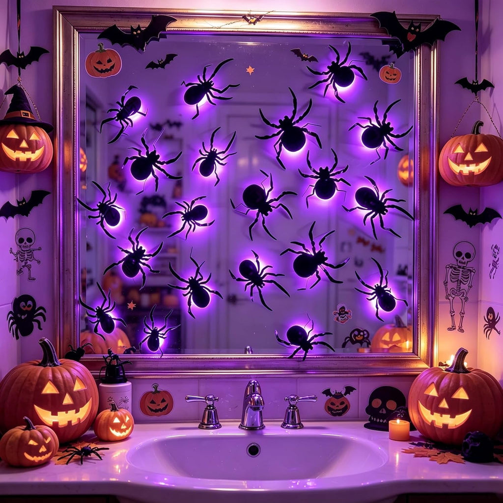 CQHVKQ 36 PCS Halloween Bats Decorations, Realistic 3D LED Bats Wall Stickers Decor, Assorted Size Removable Lighted PVC Bats DIY Wall Sticker for Halloween Party, Bedroom, Home, Indoor and Outdoor