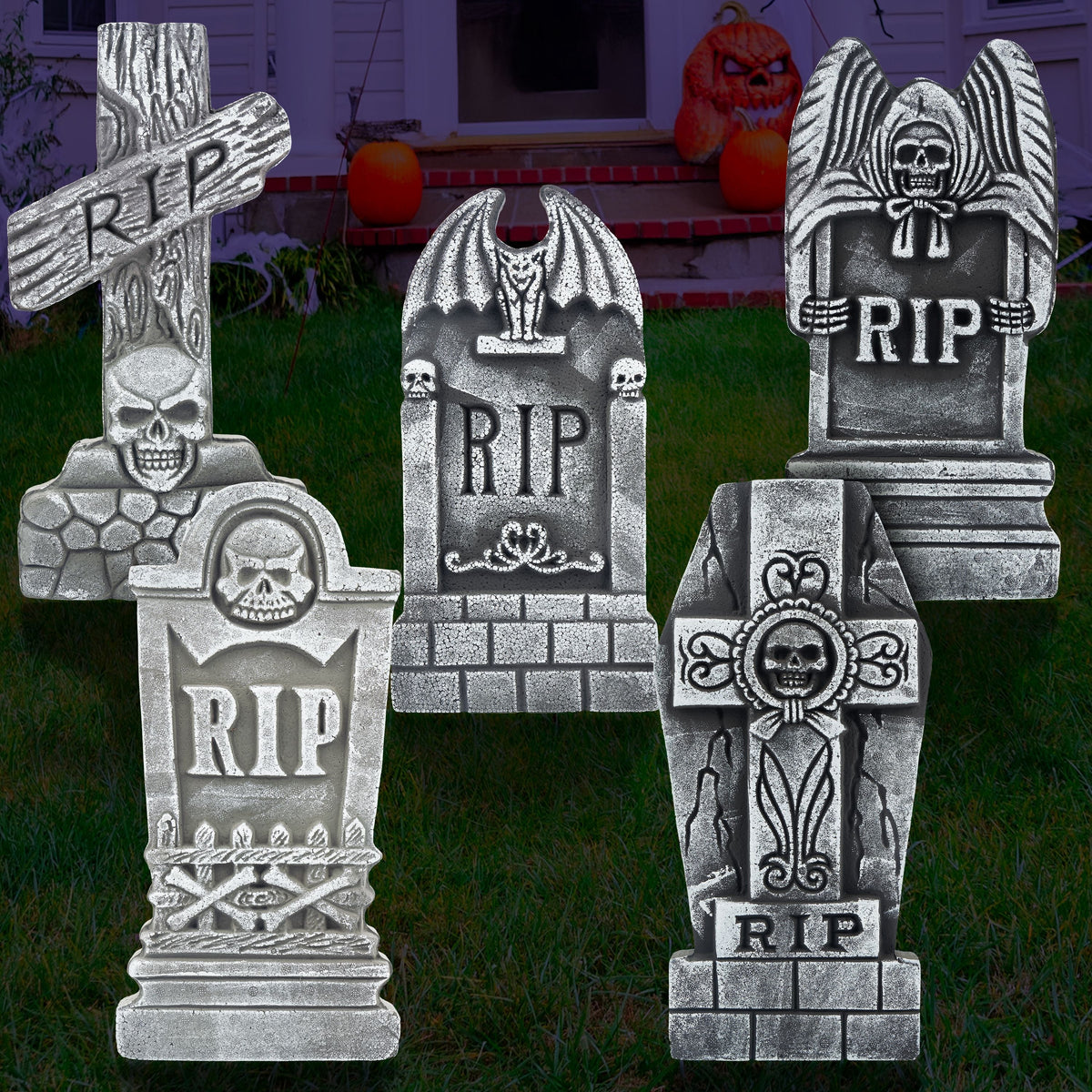 Joyfy 5 Pack Halloween Tombstone Outdoor Decorations,17 Inch Foam RIP Cemetery Headstone Decoration and 12 Halloween Yard Lawn Decoration Metal Stakes