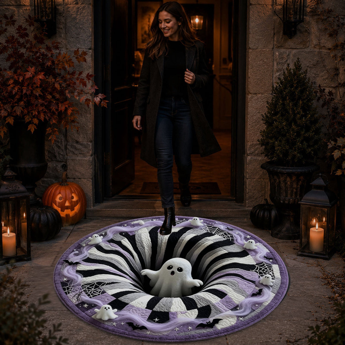 Win s Way 3D Illusion Round Halloween Rug Optical Illusion Doormat Non- Washable Entryway Decor Spooky Fall Front Door Mat for Party Decoration Available in 15.8/23.6/31.5 Inch