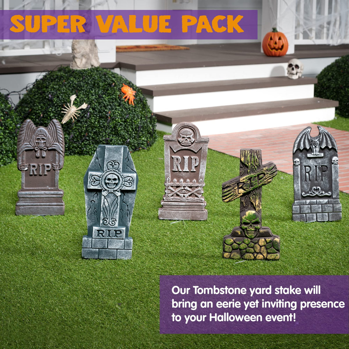 Joyfy 5 Pack Halloween Tombstone Outdoor Decorations,17 Inch Foam RIP Cemetery Headstone Decoration and 12 Halloween Yard Lawn Decoration Metal Stakes