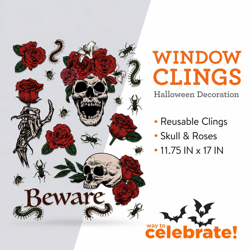 Skulls and Roses Window Clings, Multicolor, 11.75" x 17", Halloween by Way To Celebrate