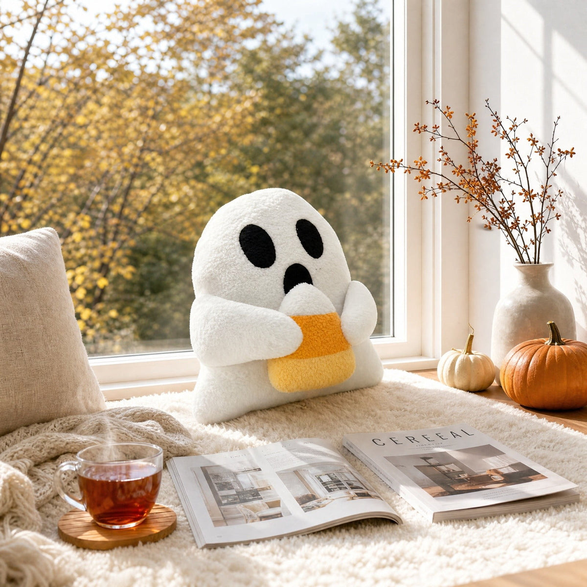 Cute Reading Ghost Plush Throw Pillow, Halloween Book & Pumpkin Bucket Ghost Stuffed Cushion, Spooky Season Decorative Pillow, for Sofa, Bedroom, Party Decor