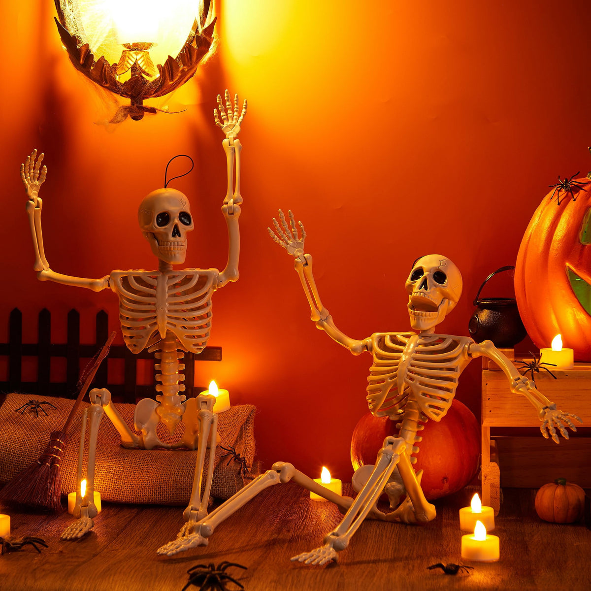 Joyfy 2 Pcs 24 Inch Halloween Skeleton Decor,2 FT Posable Skeleton Halloween Prop for Haunted House Indoor Outdoor Decoration Spooky Decor,Full Body with Movable Joints for Halloween Decoration
