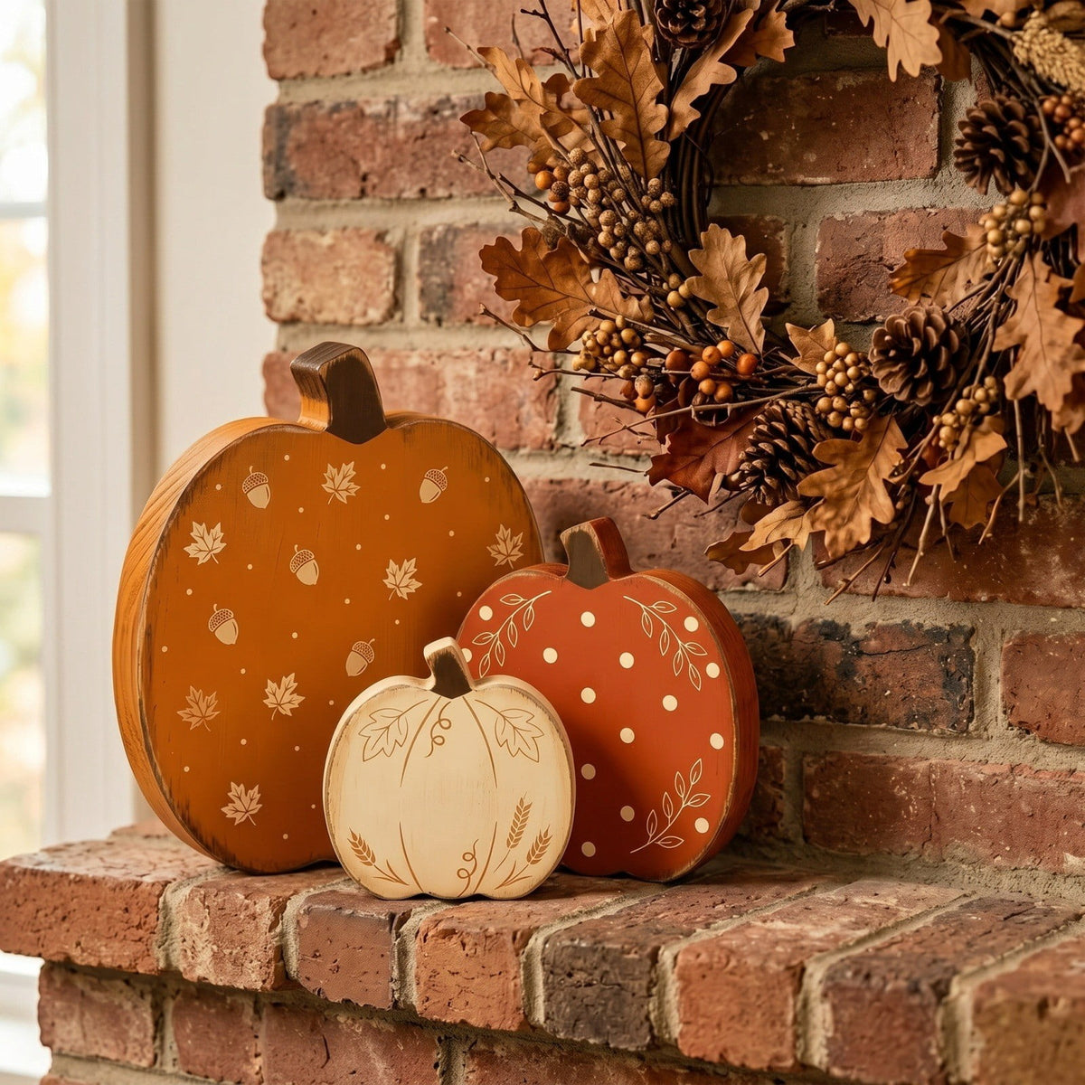 Cheapark Wooden Pumpkin Decor Tabletop Ornament Set of 3 Indoor Mantel Centerpiece Accent for Autumn Harvest Halloween Household Table Display Rustic Fall Scene Styling Home Fireplace Shelf Decor