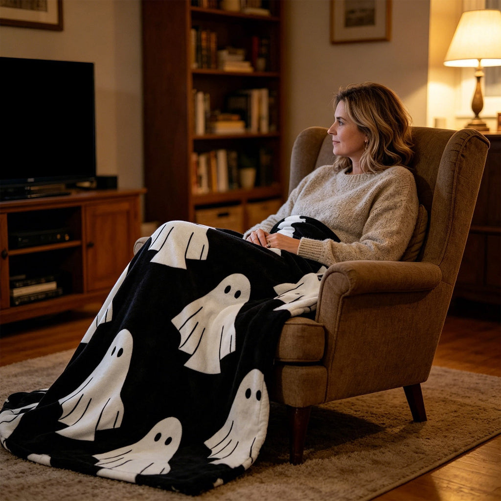 Halloween blanket,Halloween Print Throw Blanket Flannel Soft Cozy Decorative Nap Blanket with Ghost Pumpkin Skull for Office Bedroom Sofa Camping Travel(100x150cm/39x59 Inch),Black