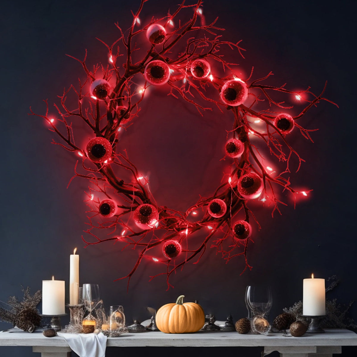 18 inch Halloween Wreaths for Front Door Simulated Eyeballs Wreath with Red Led Light, Outdoor/Indoor Spooky Decorations, For Halloween Party, Porch, Home Holiday Decor
