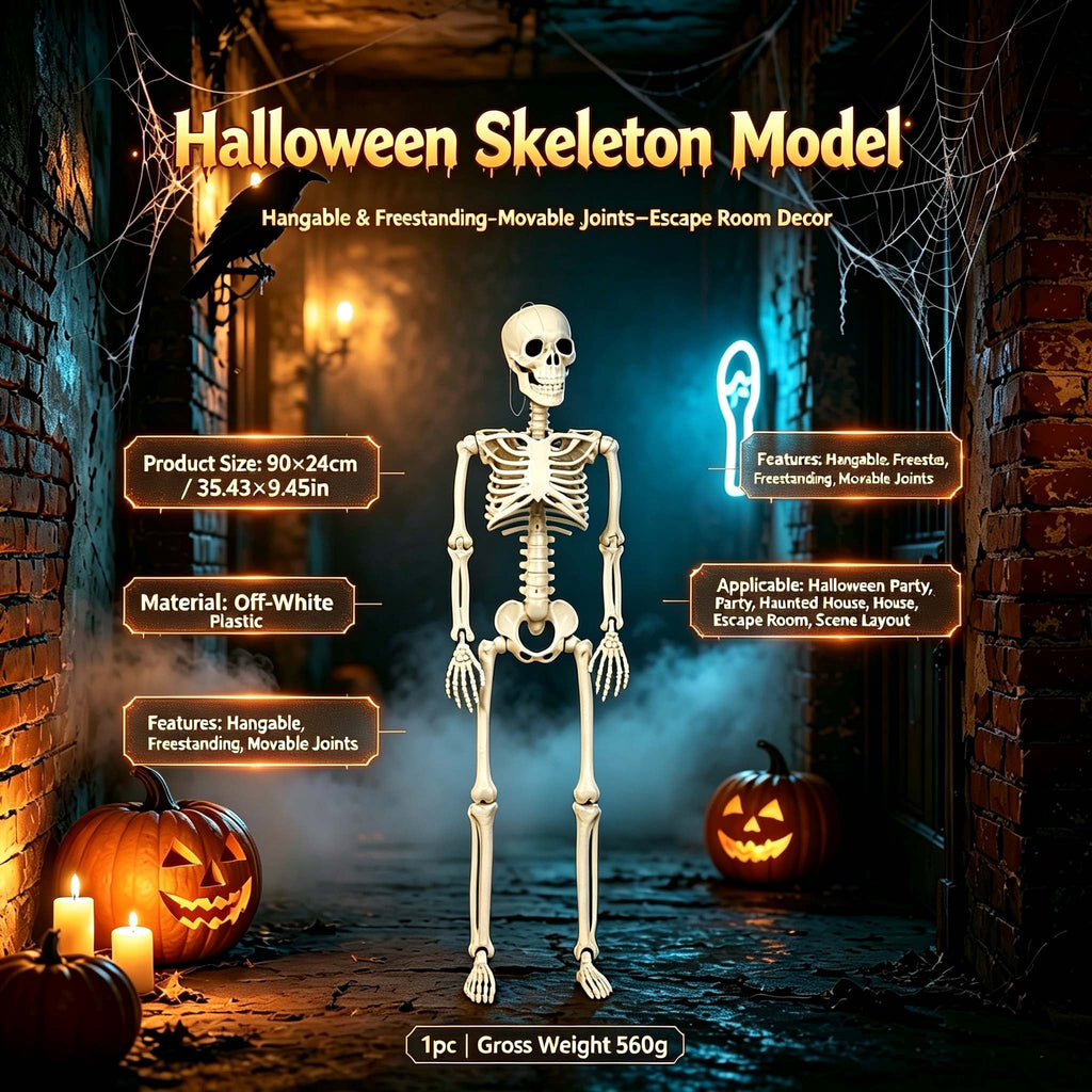 Plastic Posable Skeleton Model, 35.43in Halloween Skeleton Outdoor Decorations with Movable Joints for Escape Rooms, and Classrooms, Beige