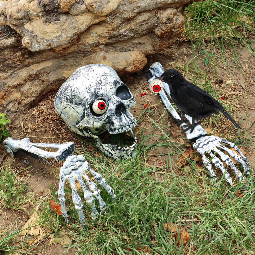 WETRBWEH Halloween Skeleton Stakes with Crow and Red Eyes Garden Halloween Decorations for Lawn Outdoor