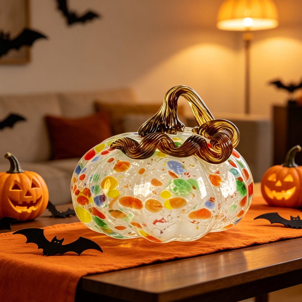 Fall Decor Halloween Pumpkin Decorations Hand Blown Glass Pumpkin Figurine Colorful Speckled Art Glass Pumpkin with Twisted Stem Tabletop Centerpiece for Home Desk Mantel