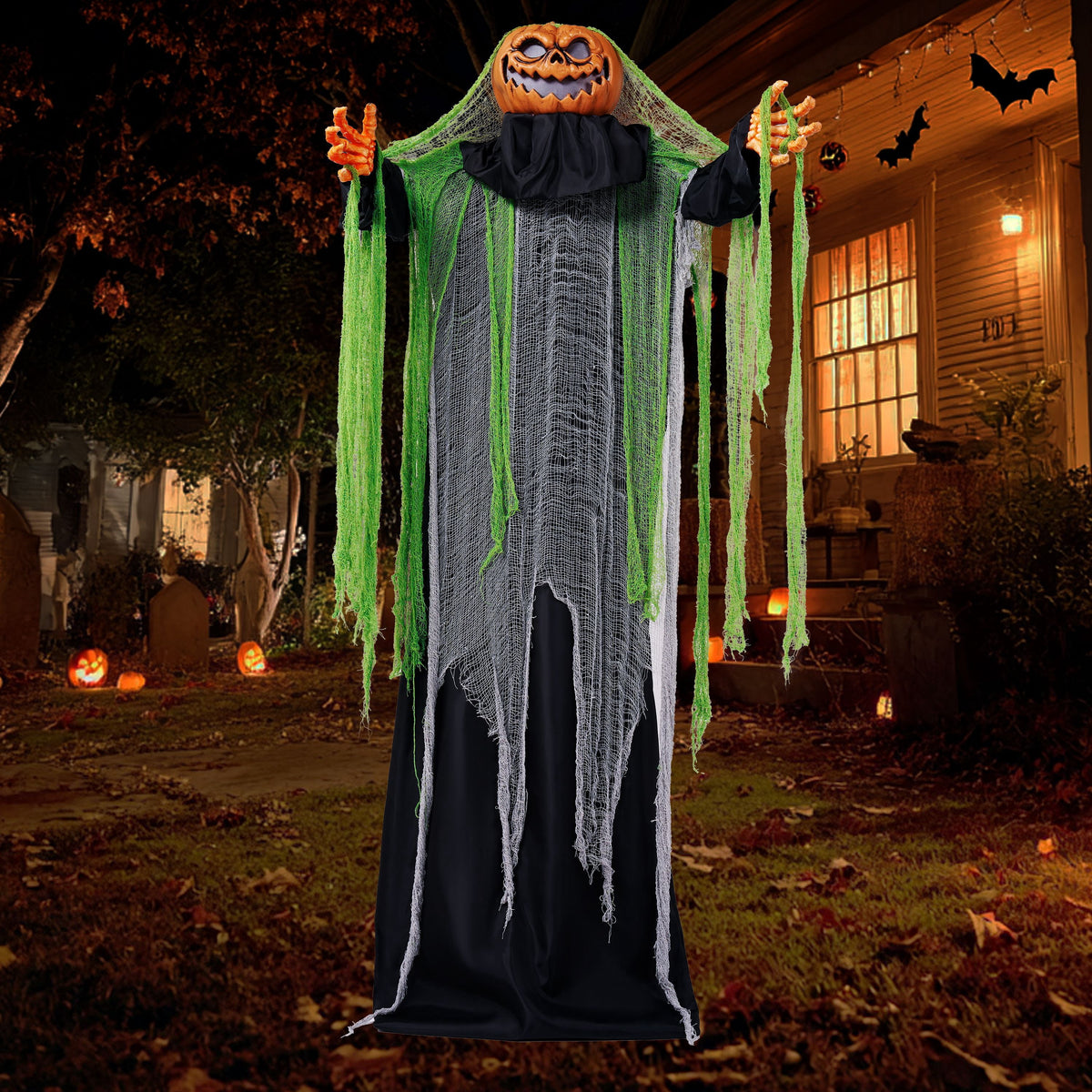 Joyfy Halloween Decorations Outdoor, 72"(6ft) Light Up Animated Scary Decorations Pumpkin Ghost with Sound Activation,Animatronics Pumpkin Decorations for Haunted House Prop Yard Decor