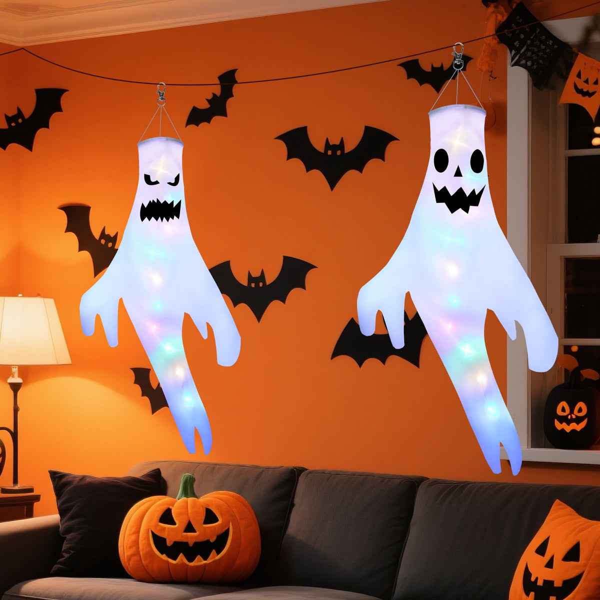 Qoosea 2 pack Hanging Ghosts Halloween Decor 4.26ft Large Glowing LED Ghost Lights Windsock Halloween Decorations Outdoor Indoor, 3 Lighting Modes