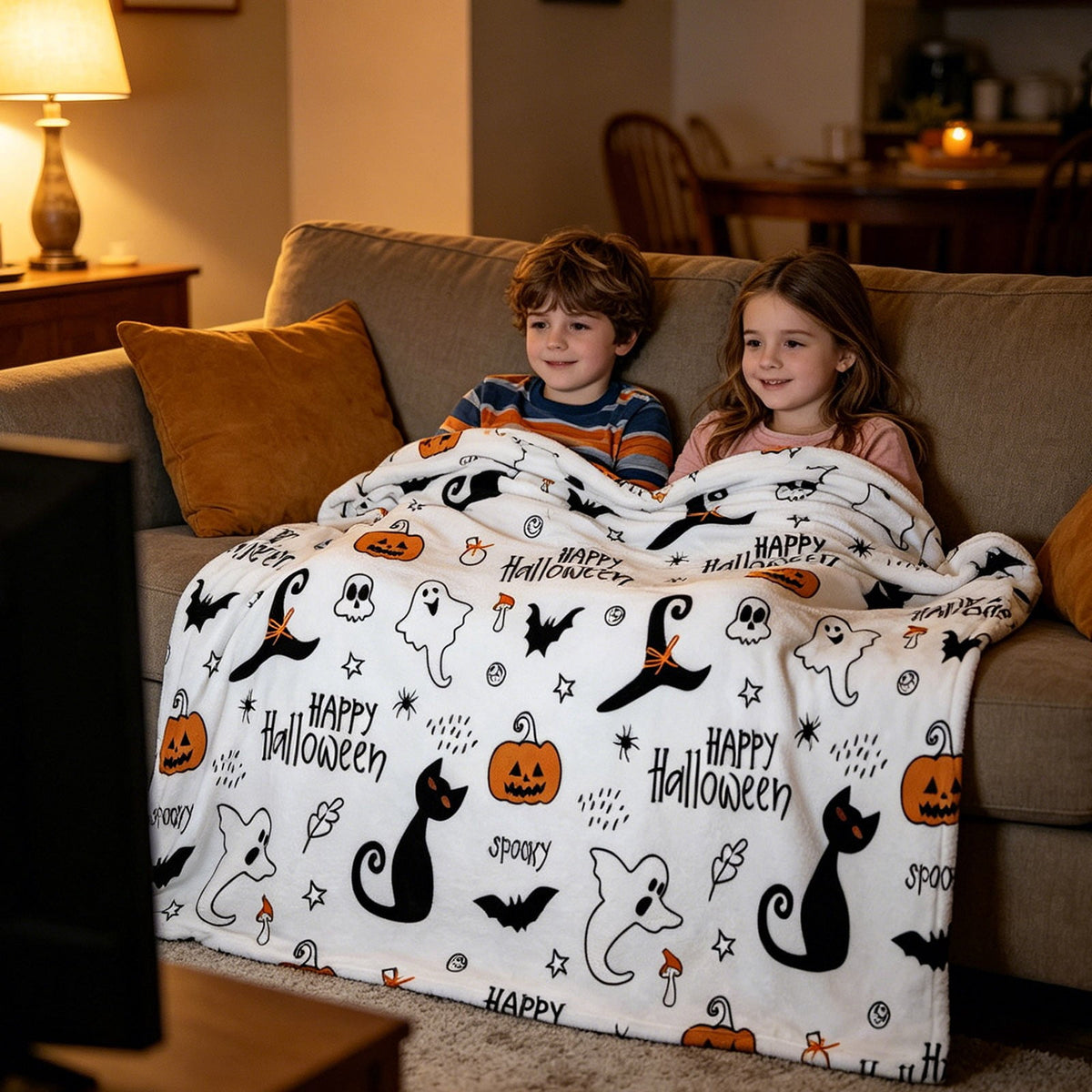 Halloween blanket,Halloween Print Throw Blanket Flannel Soft Cozy Decorative Nap Blanket with Ghost Pumpkin Skull for Office Bedroom Sofa Camping Travel(100x150cm/39x59 Inch),Black