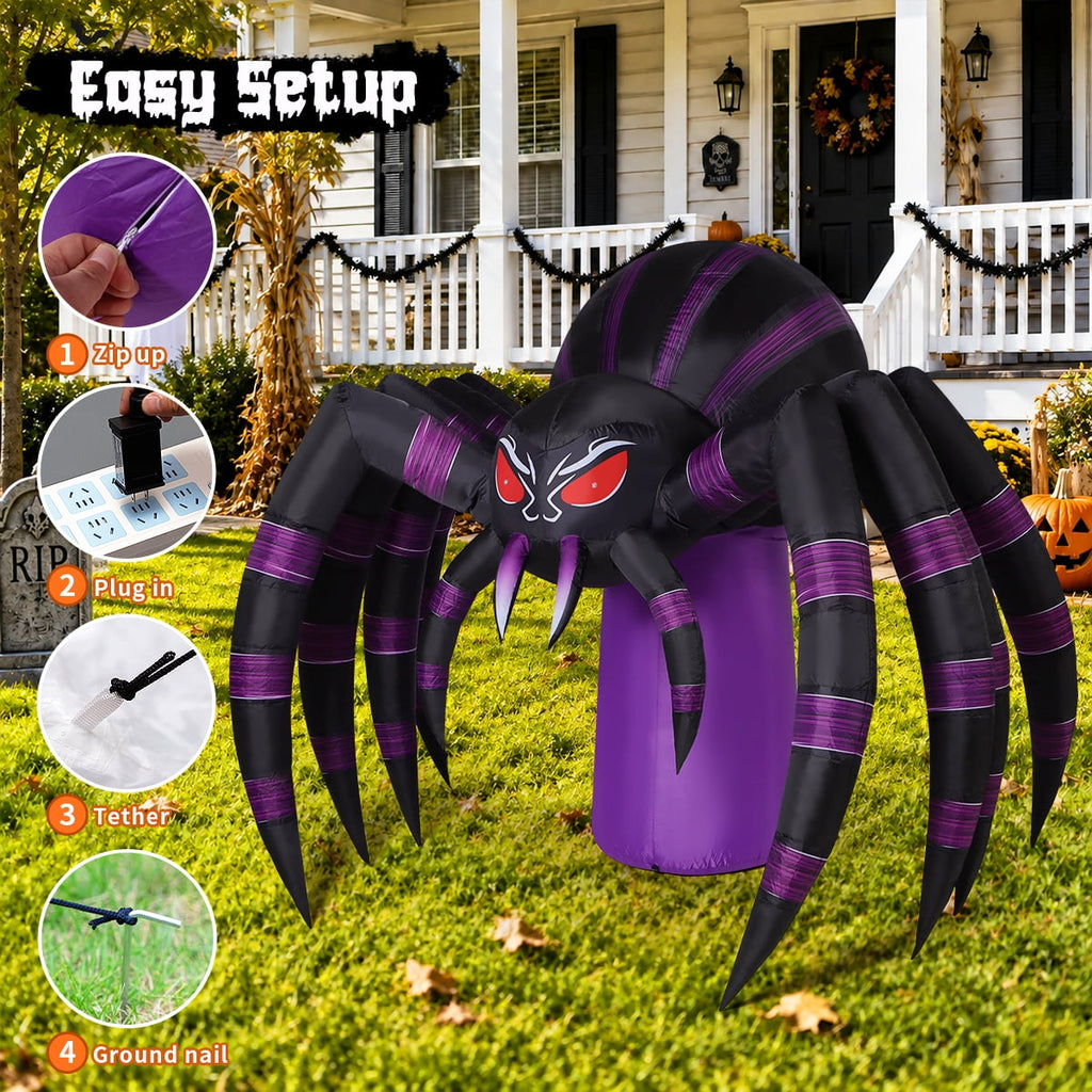 GOOSH Halloween Inflatable 7 FT Spooky Inflatable Halloween Spider, Giant Blow Up Spider with Built-in LED Lights, Outdoor Inflatable Halloween Decorations for Halloween Holiday Party
