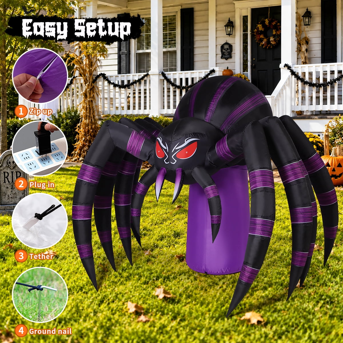 GOOSH Halloween Inflatable 7 FT Spooky Inflatable Halloween Spider, Giant Blow Up Spider with Built-in LED Lights, Outdoor Inflatable Halloween Decorations for Halloween Holiday Party
