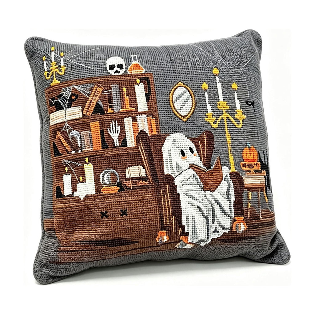 Cute Reading Ghost Plush Throw Pillow, Halloween Book & Pumpkin Bucket Ghost Stuffed Cushion, Spooky Season Decorative Pillow, for Sofa, Bedroom, Party Decor