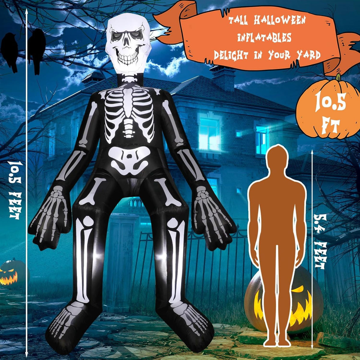 Halloween Inflatables Outdoor Decorations, 10.5ft Sitting Skeleton Halloween Outdoor Inflatables Decorations Skeleton Blow Up Built in Lights Air Pump for Halloween Party Yard Garden Party Supplies