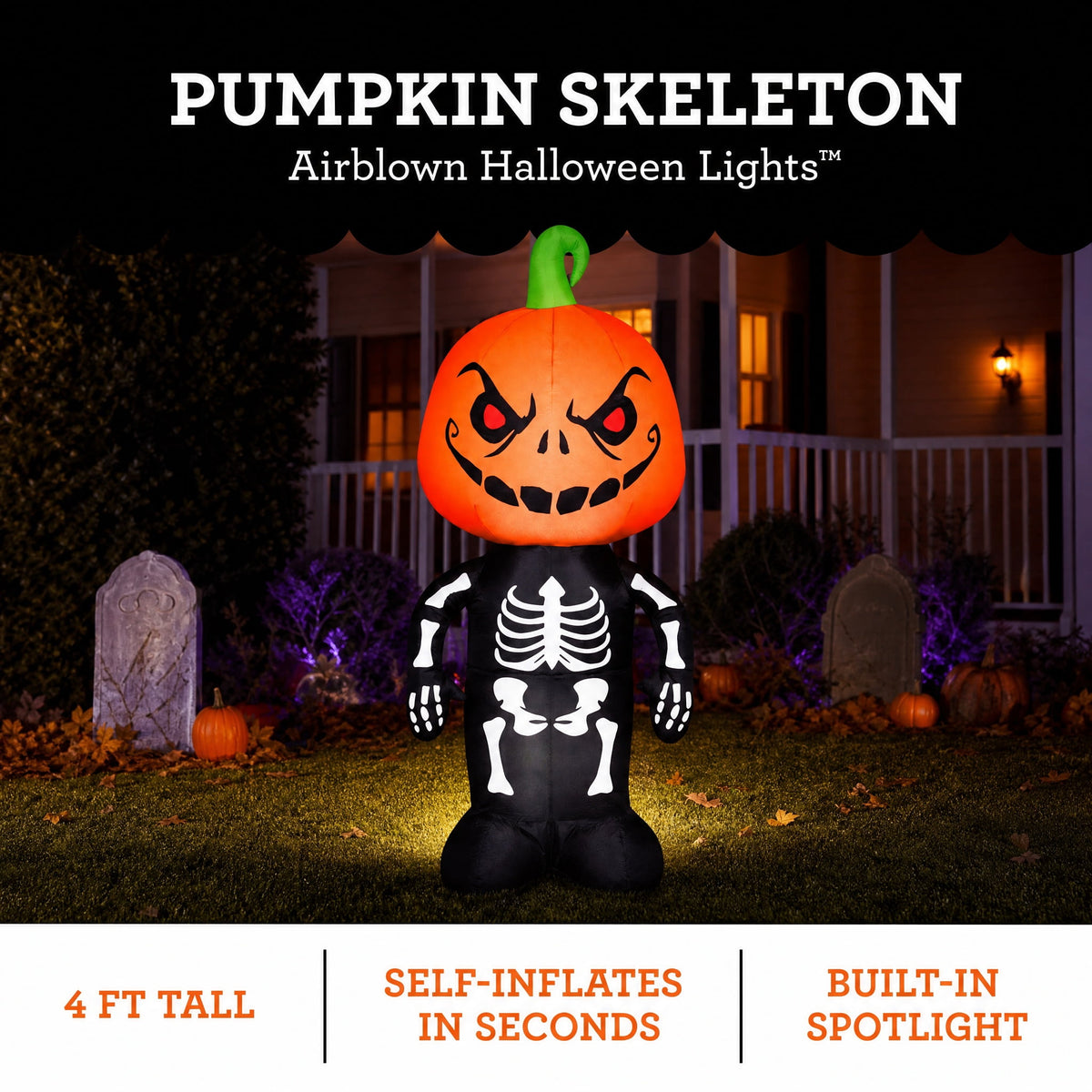 Pumpkin Skeleton Airblown Yard Inflatable, Multicolor, 4', Halloween by Way To Celebrate