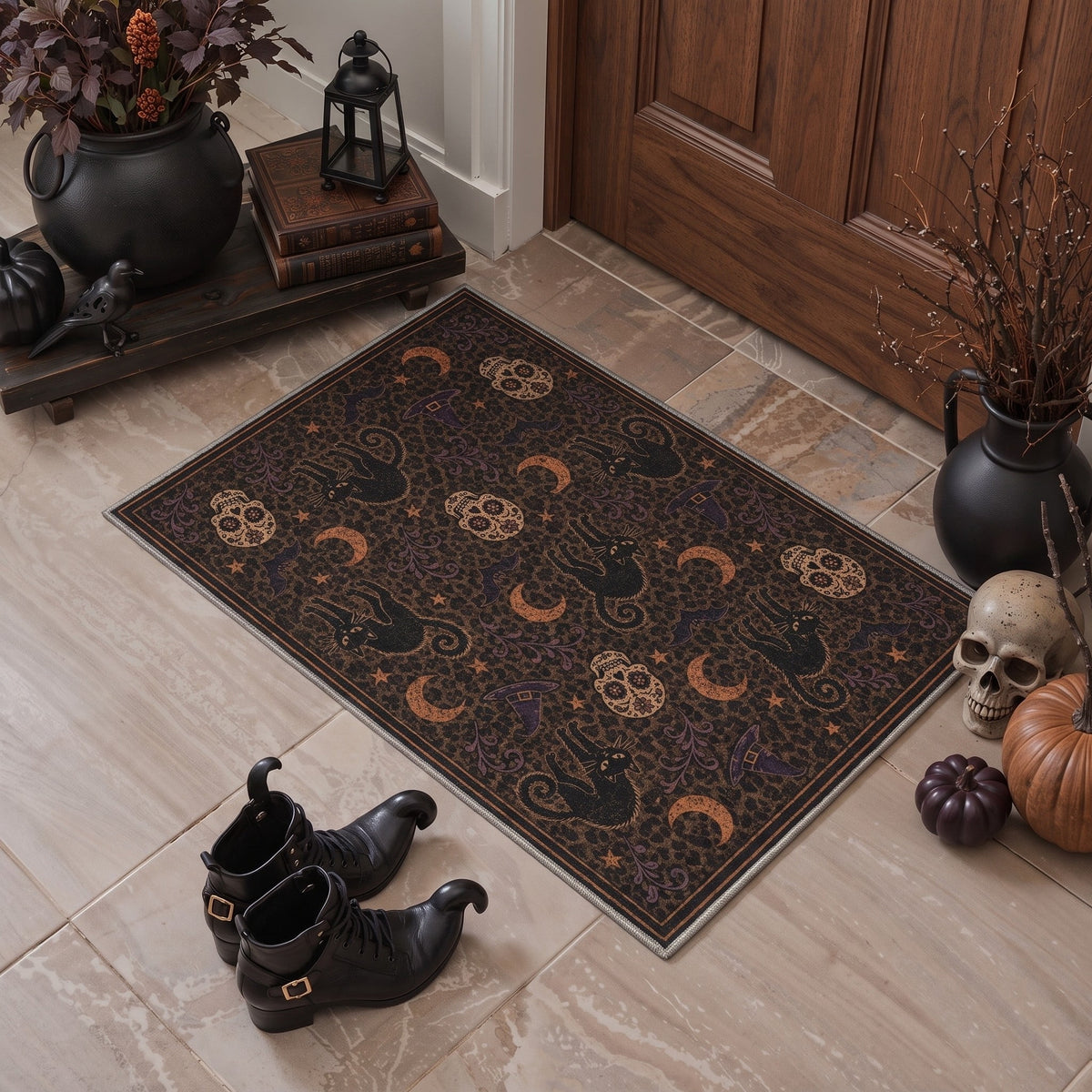 GENIMO 2'x3' Halloween Doormat, Washable Non Slip Soft Vintage Witch Outdoor Door Mat for Front Door Covered Porch Patio Entryway, Burnt Amber