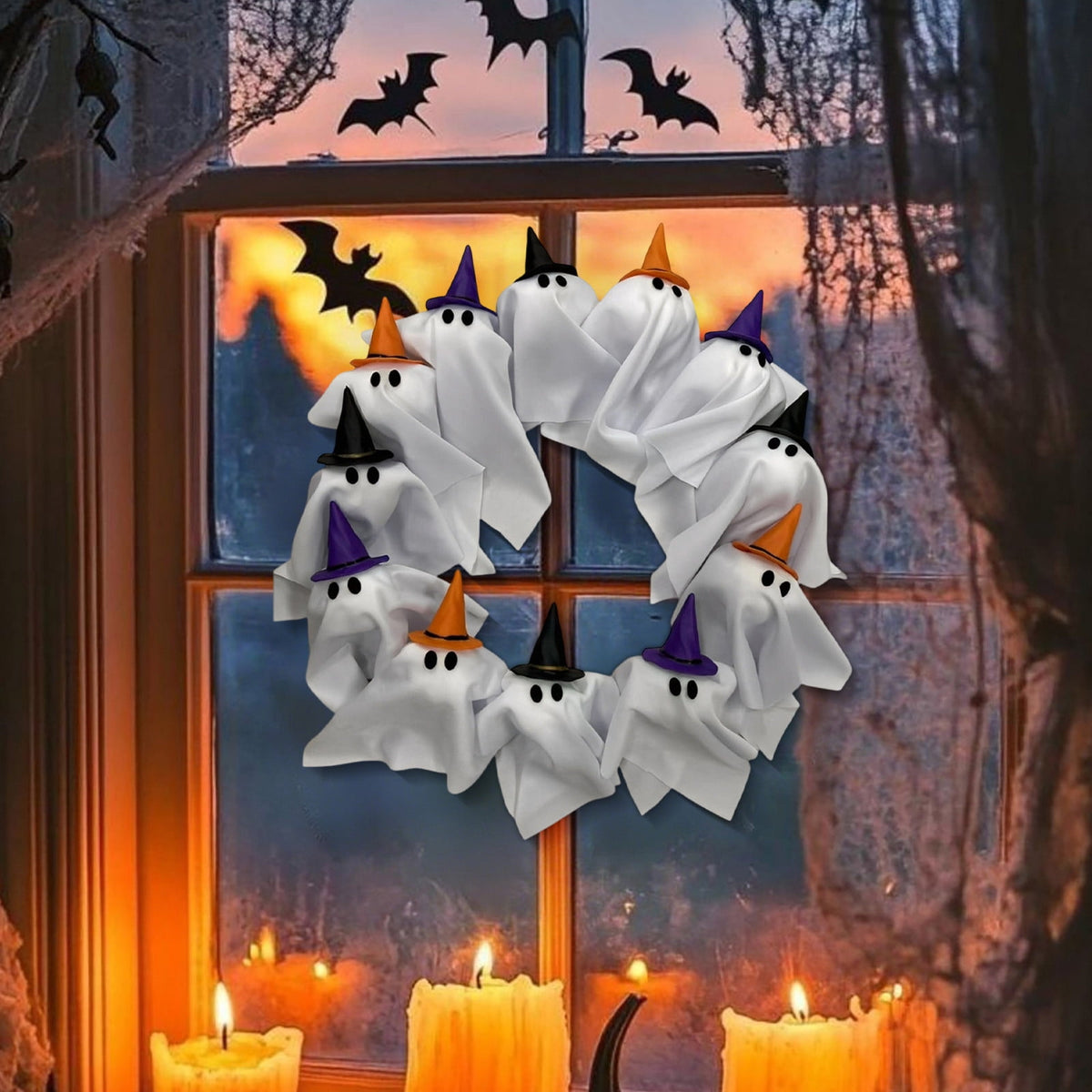 Light Up Ghost Wreath with Witch Hats, 15.7" Halloween Fabric Ghost Front Door Wreath, LED Glowing Spooky Ghost Hanging Wreath for Porch Wall Indoor Party Decorations