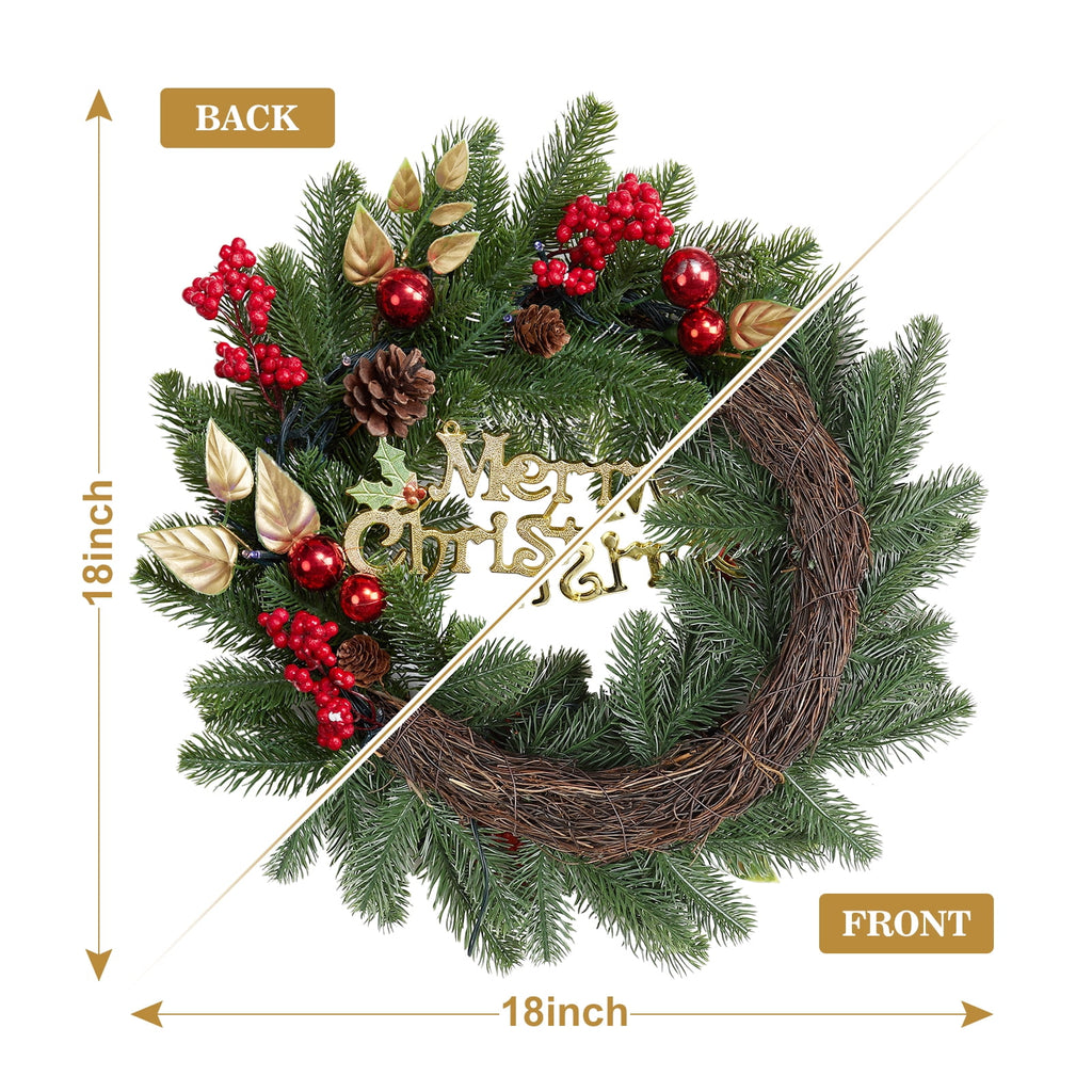 JoanKaren 24 inch Large Christmas Wreath Silver White with 20 LED Lights,Prelit Xmas Wreath w/ Ball Ornaments Pine Cone