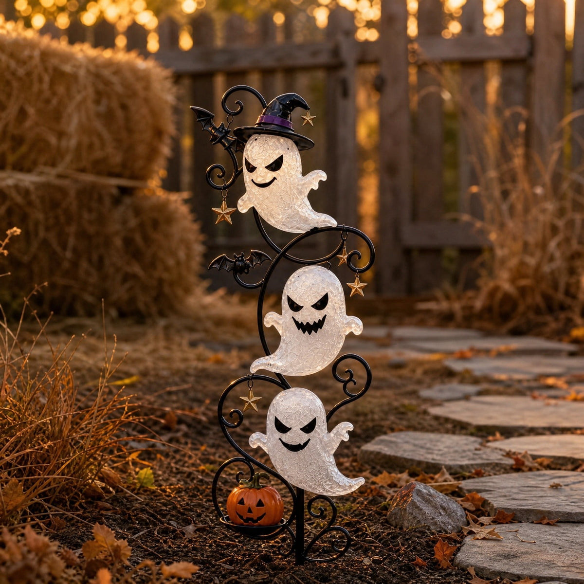 Halloween Solar Garden Stake Light,Metal Hanging Pumpkin Lantern Waterproof for Yard Lawn Proch