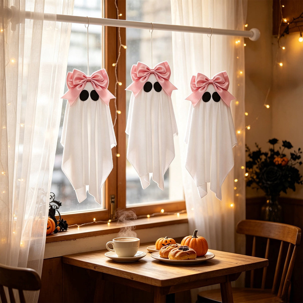 Pink Halloween Decor Ghost Candy Bowl Figurine with Bow and Scalloped Holder for Indoor Tabletop Decor and Party Favor Display