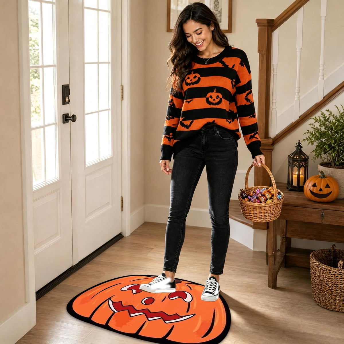 Halloween Door Mat Pumpkin Shaped Non-Absorbent Skidproof Mat 15.75x23.62in Polyester Skidproof & Weather Resistant for Front Door Porch Indoor Outdoor Halloween Door Mat by MPOISVA