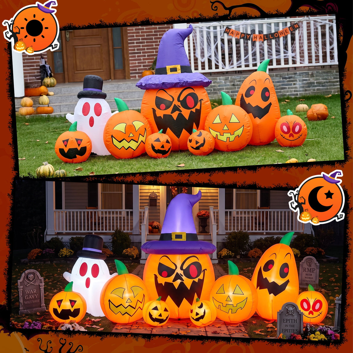 GVDV 8FT Halloween Inflatables Pumpkin Decorations with Witch Hat & Build-in LEDs, Halloween Blow Ups Indoor/Outdoor Decor for Party, Yard, Lawn