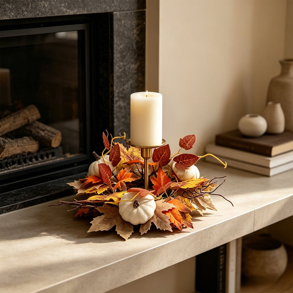 Dtchengua 2PCS Fall Candle Ring Small Wreath Artificial Maple Leaves Pumpkin 11” for Thanksgiving Halloween Autumn Harvest Festival Farmhouse Table Decor Gift