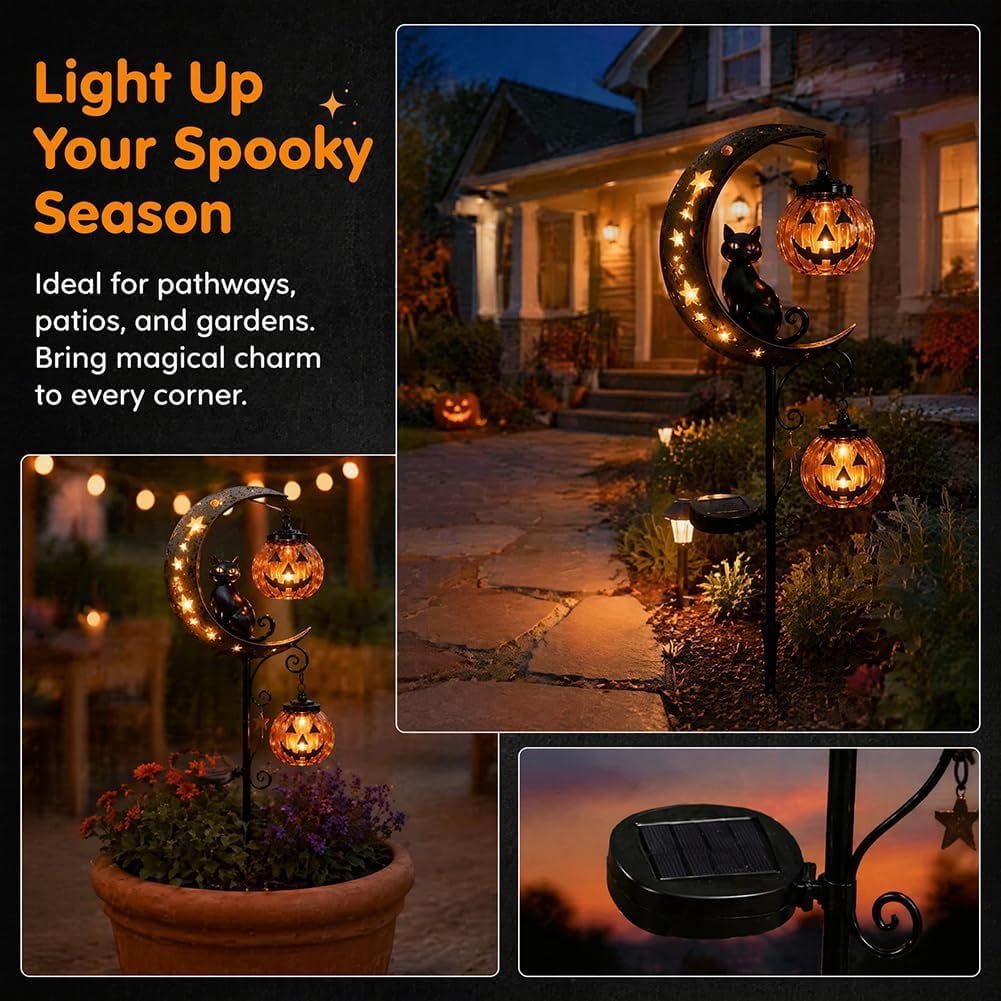 Clearance Halloween Solar Black Cat & Pumpkin Moon Garden Stake Light, Outdoor Waterproof LED Yard Decoration with Crescent Moon, Hanging Jack-o'-Lantern Lantern for Garden, Patio, Walkway, Porch