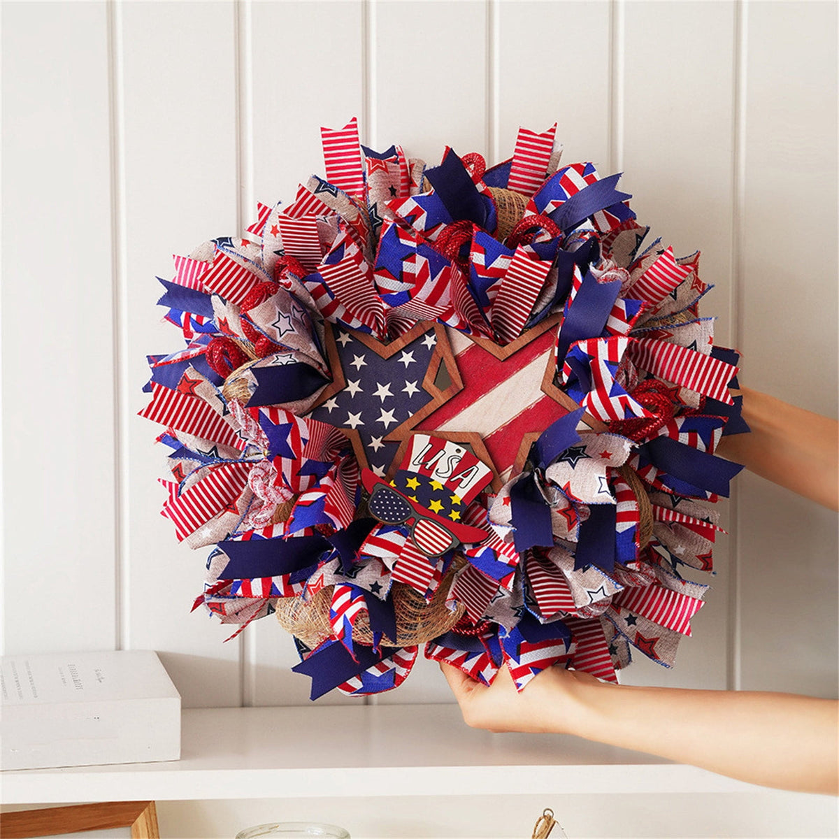 Nkmbld 4th of July Wreaths for Front Door, Independence Day Wreath Red White Blue Flower Wreath for Independence Day Memorial Day Flag Day Decor