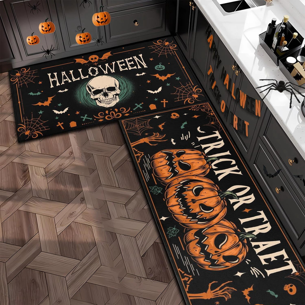 Halloween Kitchen Rugs and Mats Ghost Pumpkin Non Slip Washable Kitchen Mats for Floor Vintage Skull Home Door Mat Sets of 2 Decorations 17"x30"+17"x47"