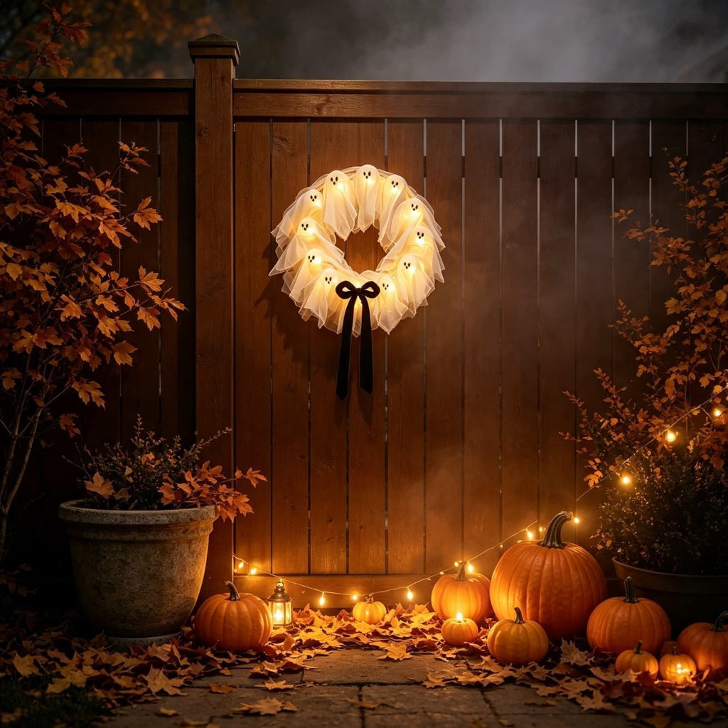 Gcvizuso Halloween Crescent Floral Wreath, Orange Red Rose Hydrangea Fall Front Door Decor for Autumn Harvest Celebration