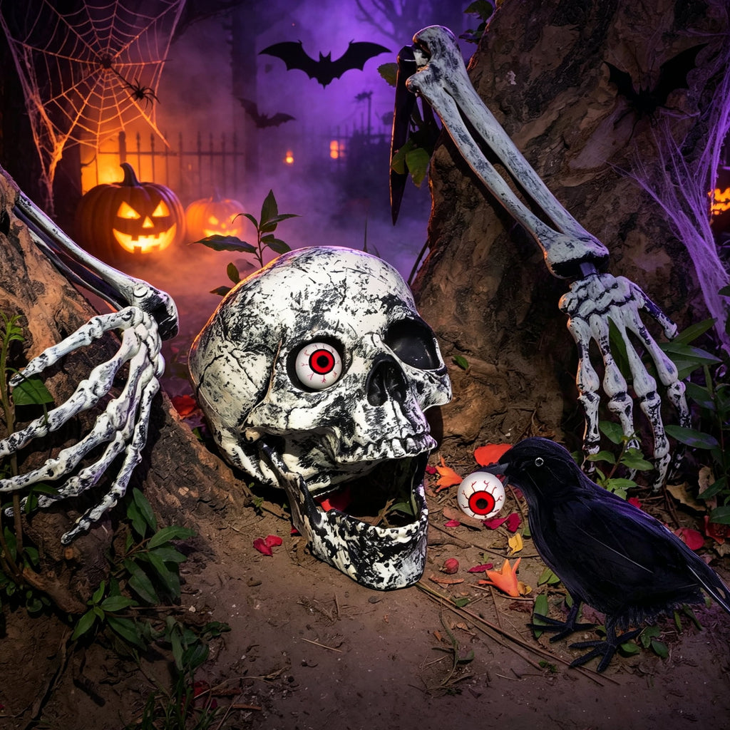 WETRBWEH Halloween Skeleton Stakes with Crow and Red Eyes Garden Halloween Decorations for Lawn Outdoor
