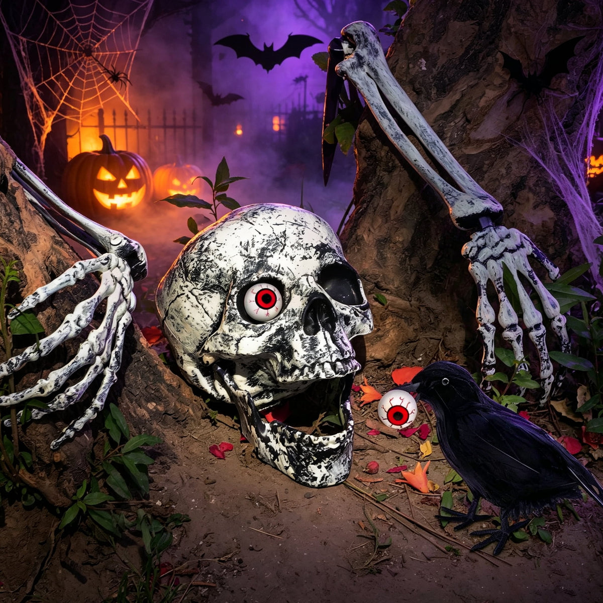 WETRBWEH Halloween Skeleton Stakes with Crow and Red Eyes Garden Halloween Decorations for Lawn Outdoor