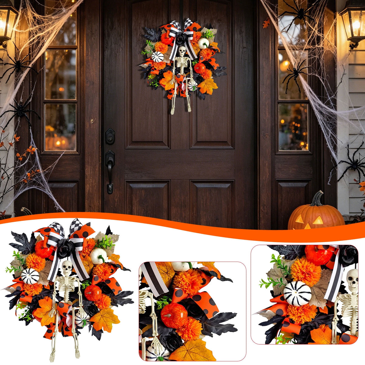 ICQOVD Halloween Pumpkin Maple Leaf Wreath with Skeleton Ornament Orange Black Bow Front Door Hanging Fall Home Decoration 15.75*15.75*3.15IN