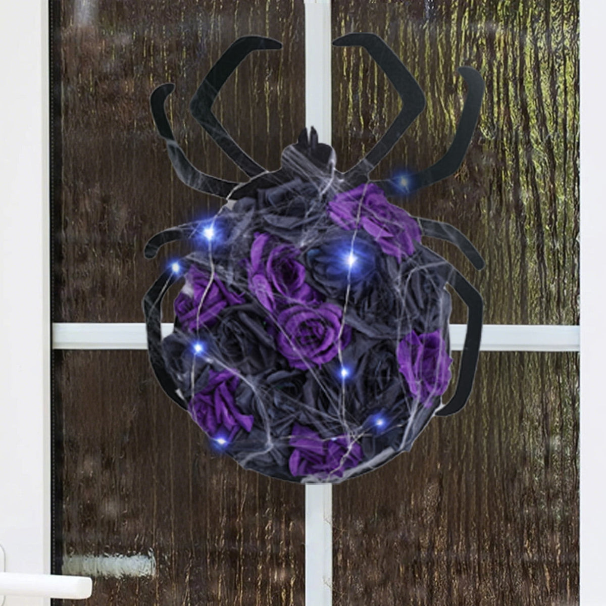 XEAZON Halloween Spider Decorations with Cobweb,Artificial Purple Rose Flower Spider Wreath for Front Door Hanging Decor,Halloween Party Indoor Outdoor Decor Hanger,Halloween Accessories with Lights