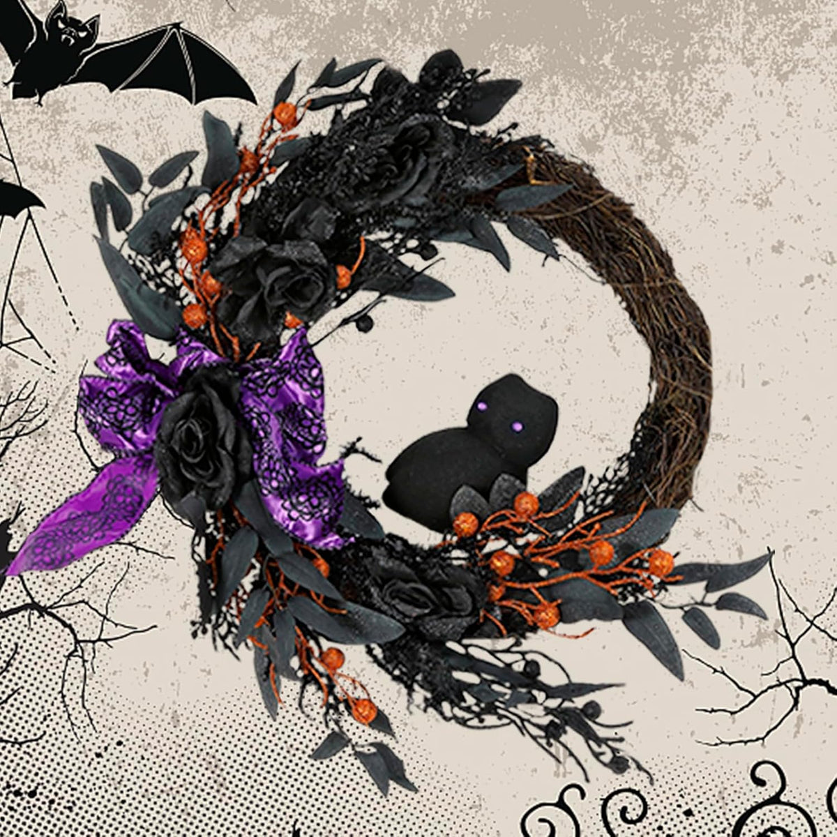 Lumiparty 20" Prelit Halloween Wreath for Front Door, with Purple Lights, Spooky Door Wreath with Ribbon Rose Berries Hanging Decor for Front Door Home Party Outside Decoration, Purple