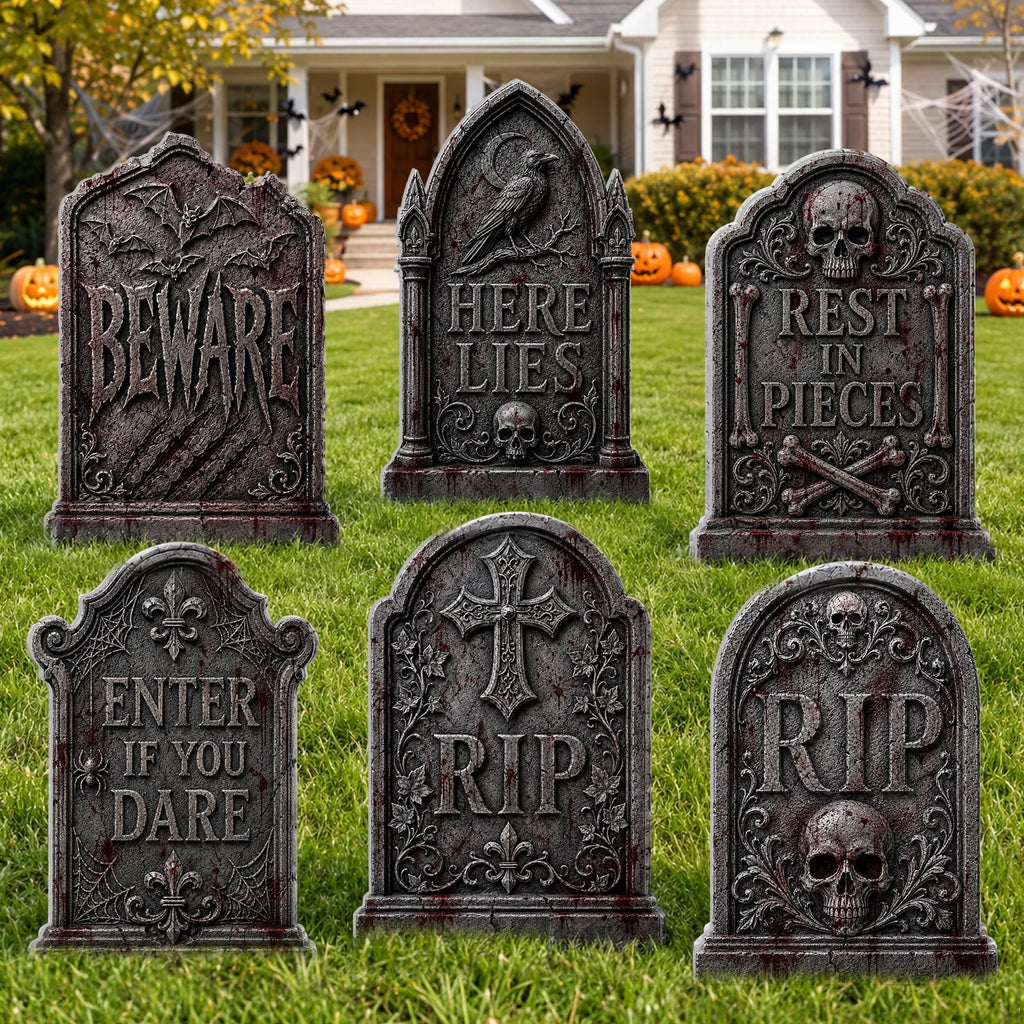 Yalumo Halloween Tombstones Decor, 6 Pack 17 Inch Plastic Halloween Gravestone Yard Signs with Stakes, Spooky Tombstones for Yard, Lawn, Porch & Outdoor Party Decor