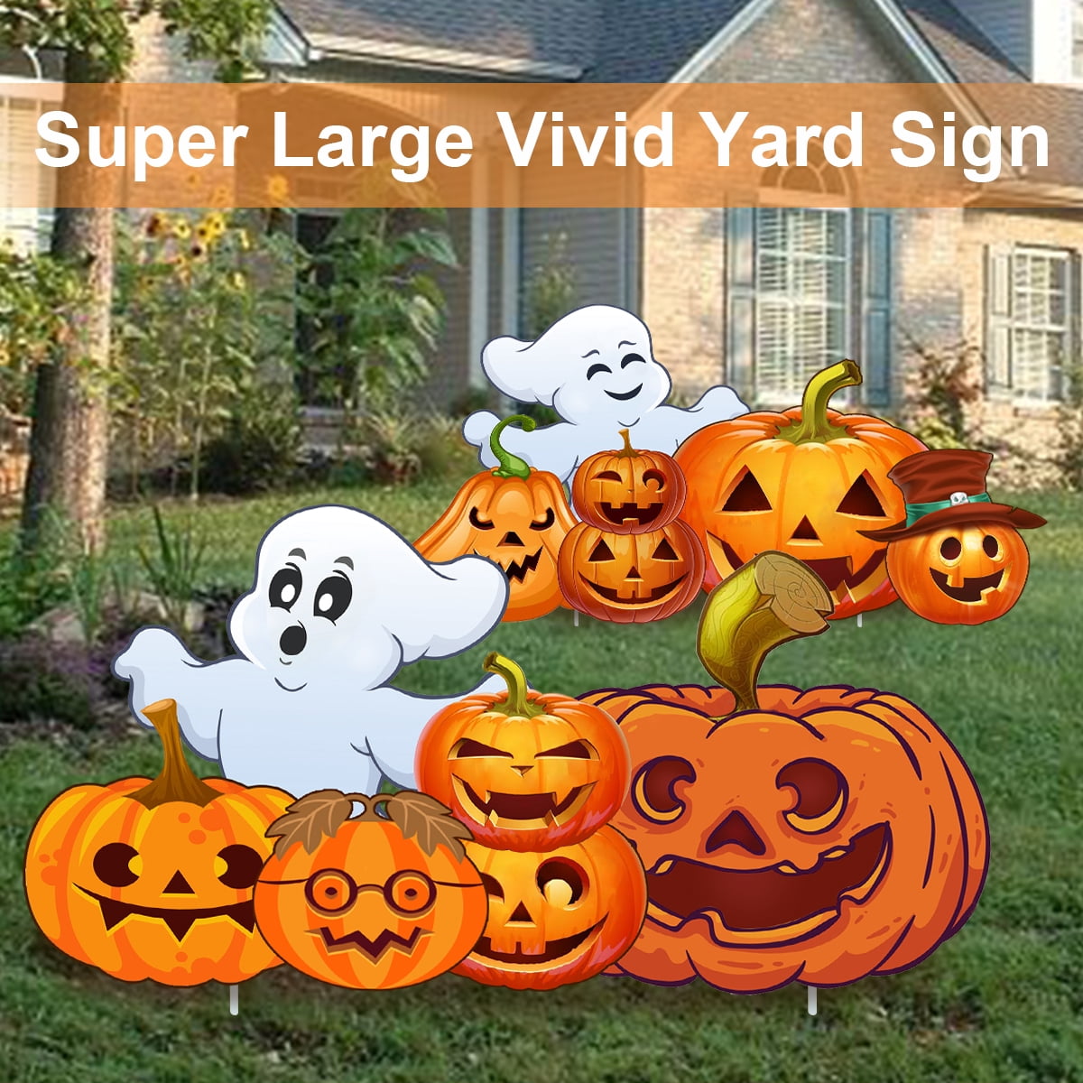 GameXcel Halloween Decorations Outdoor Yard Signs with Stakes, 34.8 in Tall Vertical Pumpkin and Ghost Decor, Weather-Resistant, 2 Count